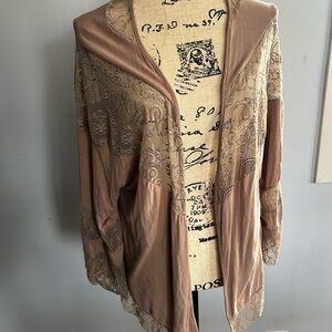 POL Tan Lace Detail Open Front Cardigan